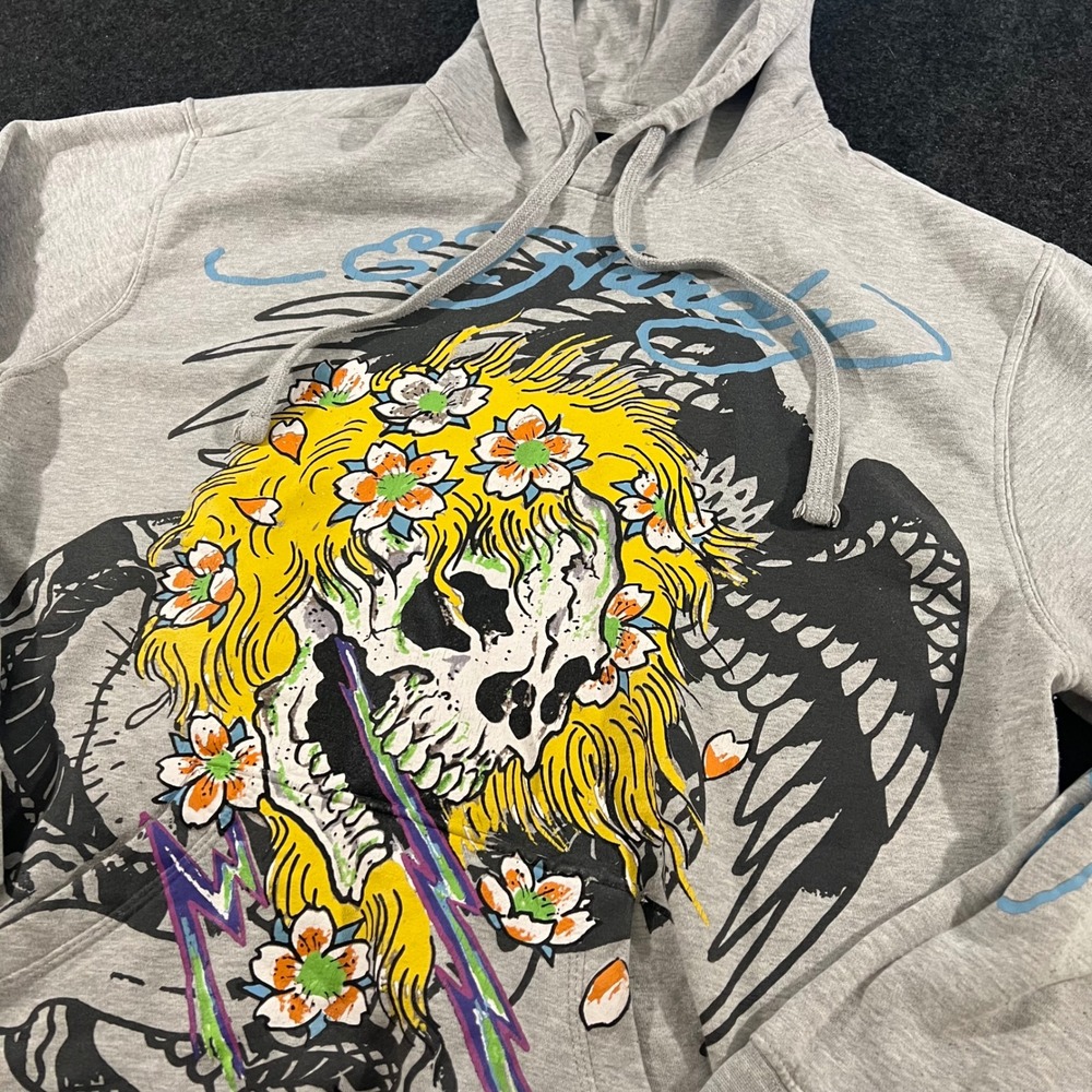 Ed Hardy Hoodie Mens XL Gray Skull Flower Tattoo Graphic Y2K Streetwear